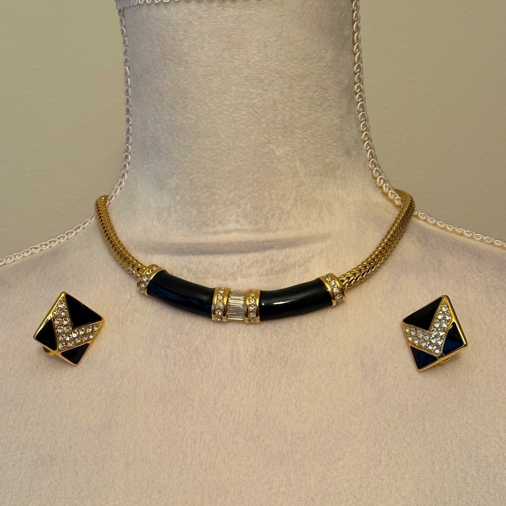 Vintage 1980s Monet Gold Black Enamel& Rhinestone Collar Necklace & Earring Set